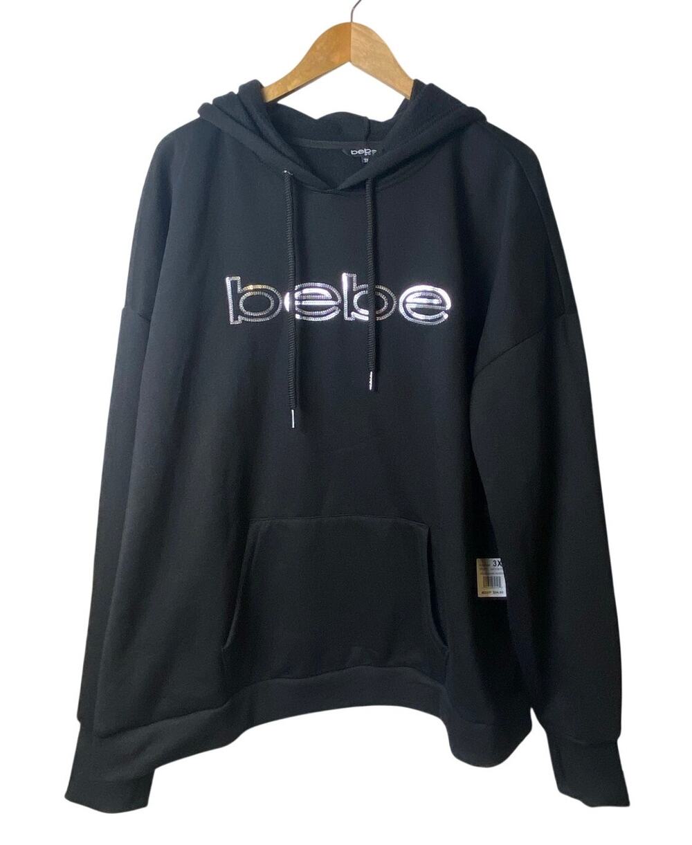 Bebe Sport Silver Sparkle Logo Black Pullover Hoodie Women's Size 3X NWT - Picture 1 of 9